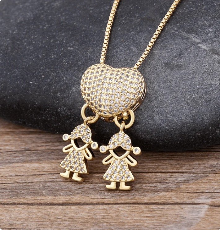 Fashion Jewelry Son Daughter Heart Gold Color Cubic Zirconia Family Girl Boy Pendant Necklace Chain Jewelry For Mother Gift