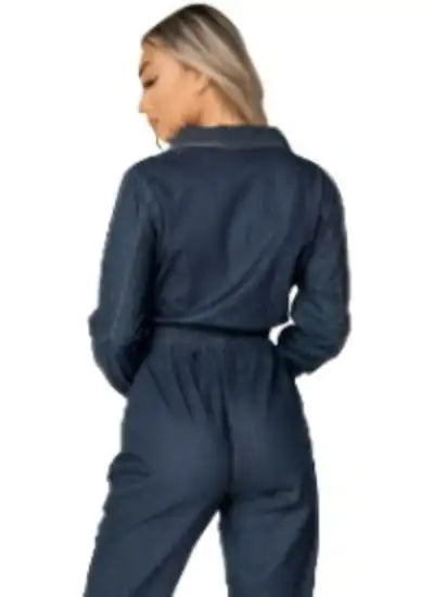 Indigo Zip Front Elasticated Hem Long Sleeve Denim Jumpsuit